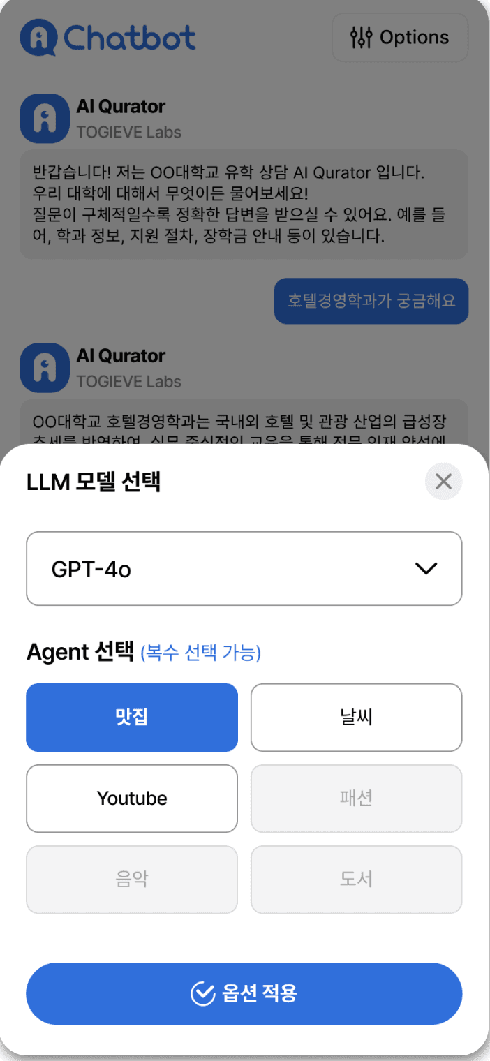 AI Agent 챗봇 — LLM 모델과 Agent 선택 화면